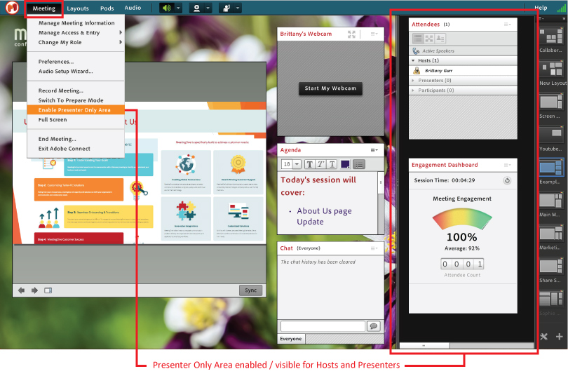 Turning on Presenter Only Area in Adobe Connect for Behind the Scenes Editing