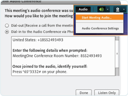 meeting audio integration in adobe connect - dial in or out prompt